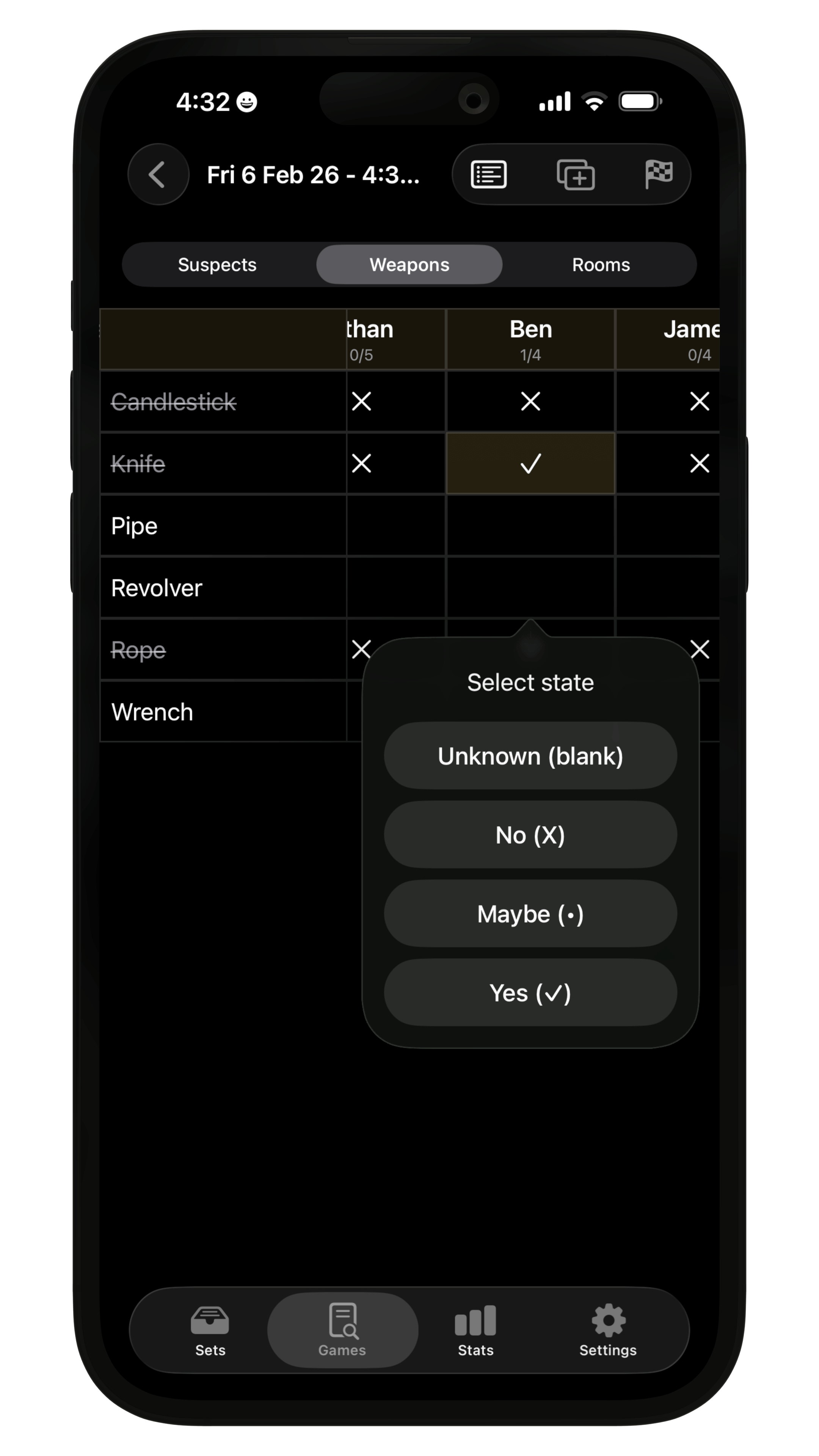 Whodunit Now app screen showing detective notes