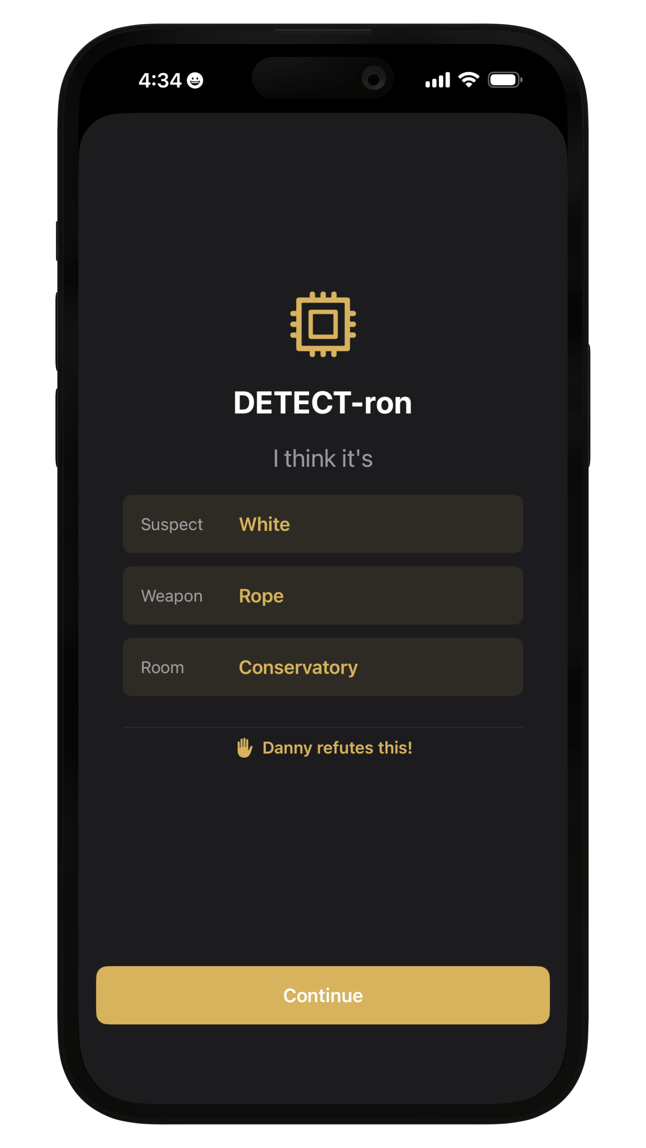 Whodunit Now app screen showing match details and stats